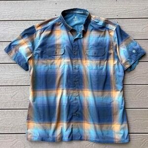 KÜHL Men's XXL Blue Plaid Button Up Short Sleeve Shirt Outdoor Hiking